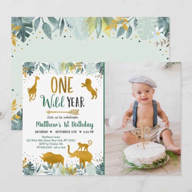 Wild One Greenery Gold Safari Birthday Invitation (Front/Back)