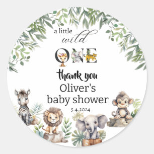 wild one greenery safari animals baby shower classic round sticker