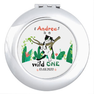 Wild One Greenery Safari Kitty Cat 1st Birthday Compact Mirror