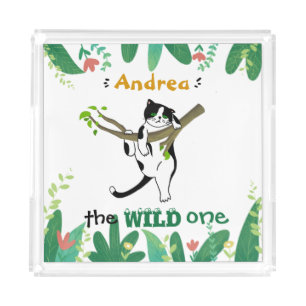 Wild One Greenery Safari Kitty Cat Kids Birthday Acrylic Tray