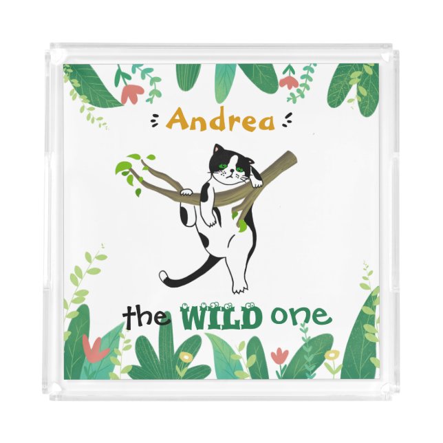 Wild One Greenery Safari Kitty Cat Kids Birthday Acrylic Tray (Front)