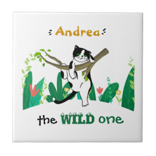 Wild One Greenery Safari Kitty Cat Kids Birthday Ceramic Tile