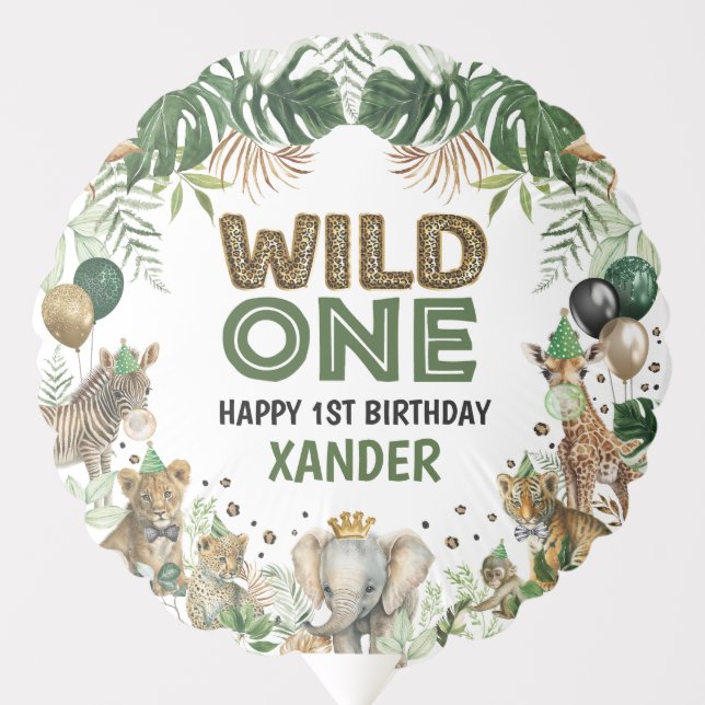 Wild One Happy 1st Birthday Jungle Animals Party Balloon (Front)