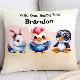 Wild One Happy Fun Woodland Animals Watercolor Accent Pillow