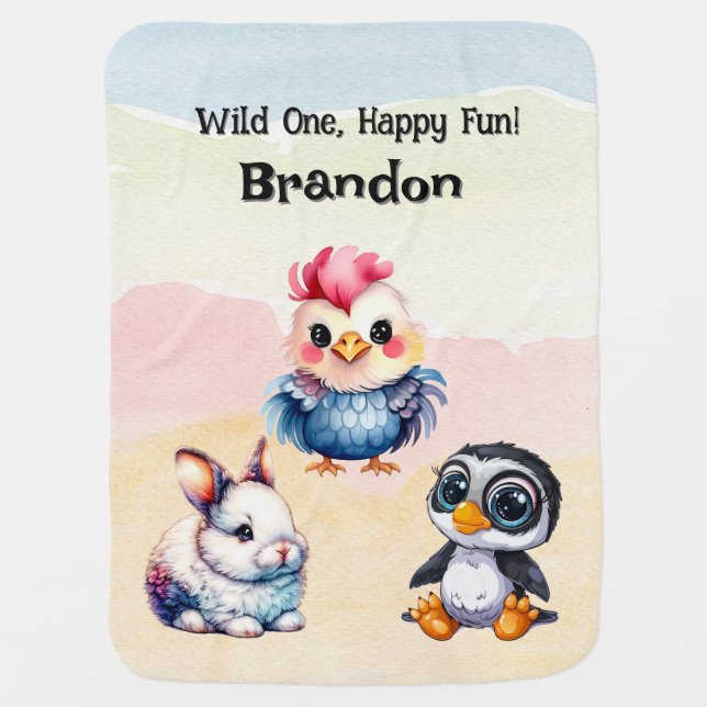 Wild One Happy Fun Woodland Animals Watercolor Baby Blanket (Front)