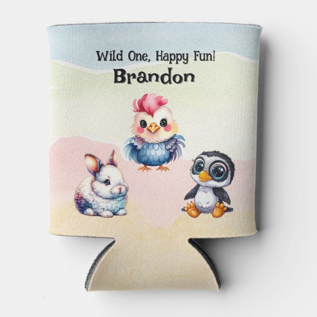 Wild One Happy Fun Woodland Animals Watercolor Can Cooler (Front)