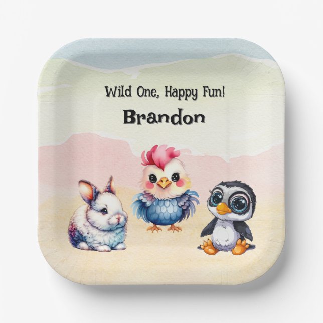 Wild One Happy Fun Woodland Animals Watercolor Paper Plates (Front)