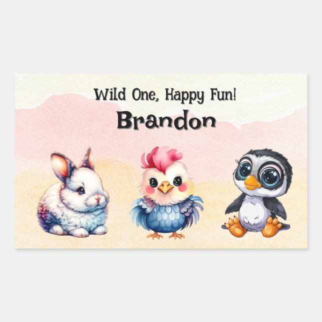 Wild One Happy Fun Woodland Animals Watercolor Rectangular Sticker (Front)