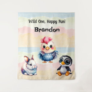 Wild One Happy Fun Woodland Animals Watercolor Tapestry