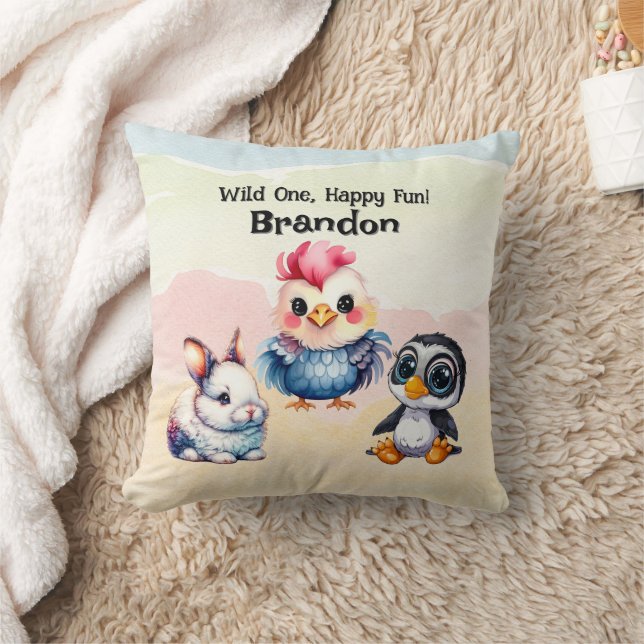 Wild One Happy Fun Woodland Animals Watercolor Throw Pillow (Blanket)