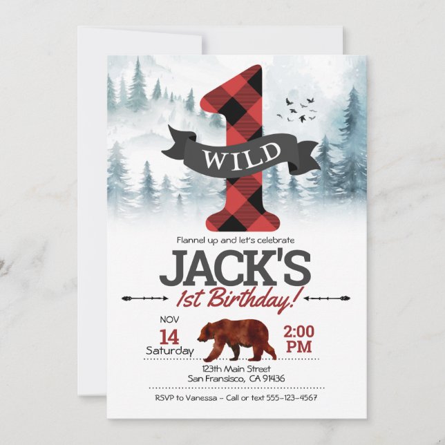 Wild One invitation, Lumberjack First Birthday Invitation (Front)