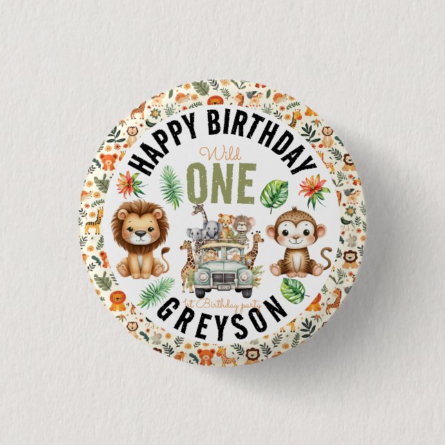 Wild One Jungle Adventure 1st Birthday Button (Front)