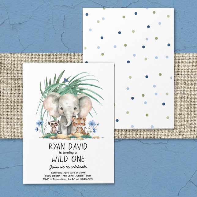 Wild One Jungle Animal Birthday Invitation (Safari Jungle Zoo Animals Watercolor Elephant Monkey Tiger Blue Flowers Tropical Greenery Wild One)