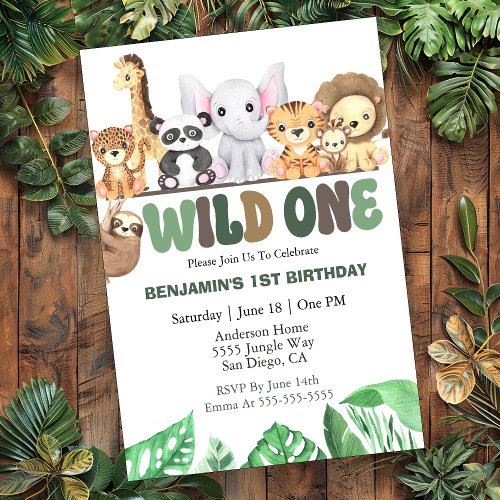 Wild One Jungle Animals 1st Birthday Invitation