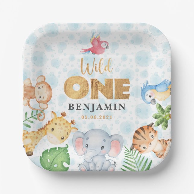 Wild One Jungle Animals 1st Birthday Party Paper P Plates (Front)