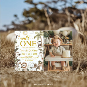 Wild One Jungle Animals 1st Birthday Party Photo Invitation