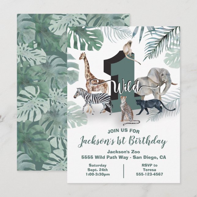 Wild One Jungle Animals Birthday Party Invitation (Front/Back)