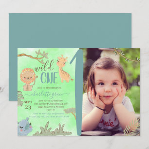 Wild One Jungle Animals Blue Brown First Birthday Invitation