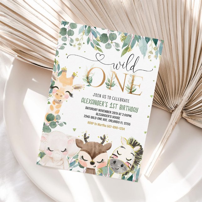 Wild One Jungle Animals Gold 1st Birthday Invite (Creator Uploaded)