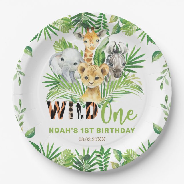 Wild One Jungle Animals Greenery 1st Birthday  Paper Plates (Front)