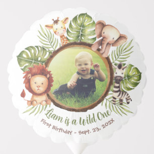 Wild One Jungle Animals Photo 1st Birthday Leaves Balloon