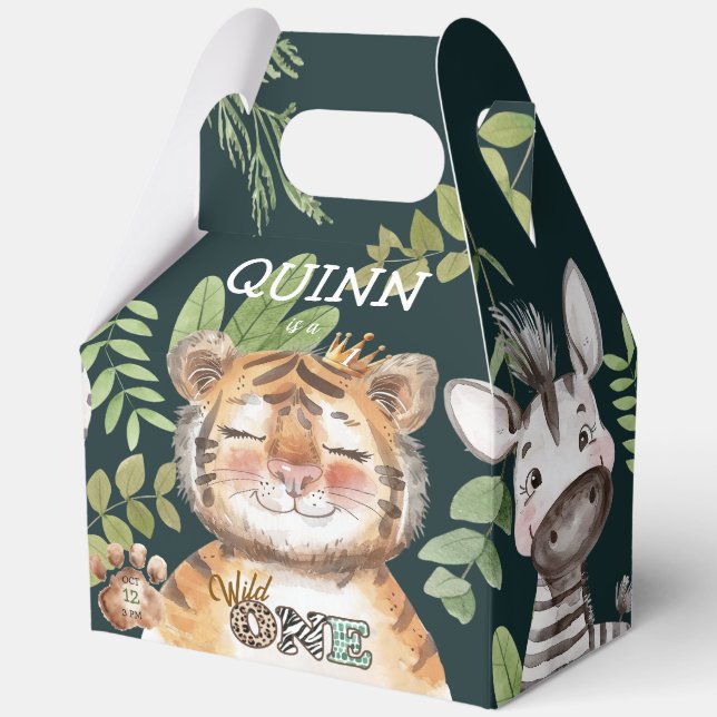 Wild One Jungle Animals Safari 1st Birthday Favor Boxes (Front)