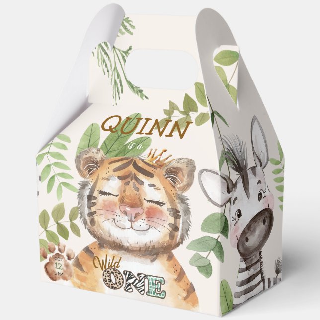 Wild One Jungle Animals Safari 1st Birthday Favor Boxes (Front)