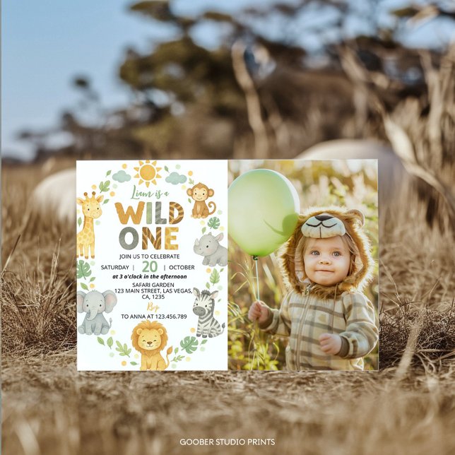 Wild One Jungle Animals Safari 1st Birthday Photo Invitation (Creator Uploaded)