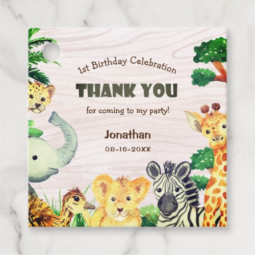 Wild One Jungle Animals Wooden Texture Birthday Favor Tags