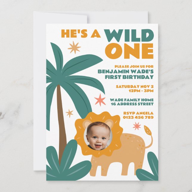 Wild One Jungle Baby Boy Photo 1st Birthday  Invitation (Front)
