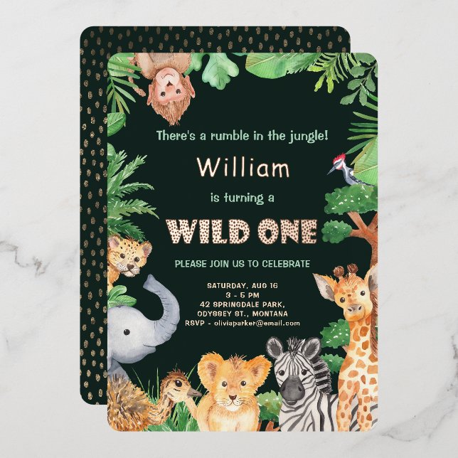Wild One Jungle Boy First Birthday Rose Gold Foil Invitation (Front/Back)