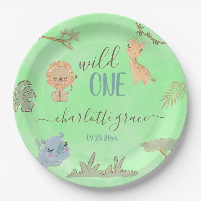 Wild One Jungle Friends Blue Brown First Birthday Paper Plates (Front)