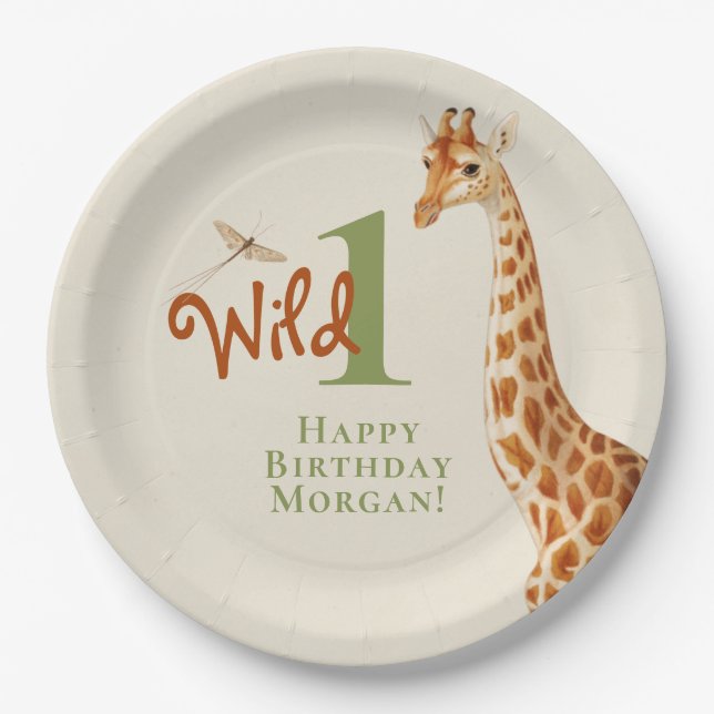 Wild One Jungle Giraffe 1st Birthday  Paper Plates (Front)