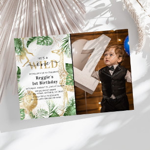 Wild One Jungle Greenery & Gold 1st Birthday Photo Invitation