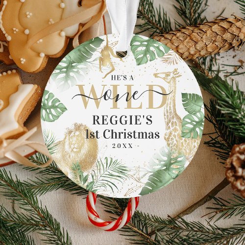 Wild One Jungle Greenery  Gold 1st Christmas Ornament
