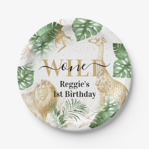 Wild One Jungle Greenery  Gold Birthday Party Paper Plates