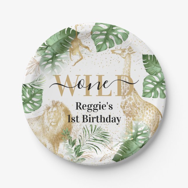 Wild One Jungle Greenery & Gold Birthday Party Paper Plates (Front)