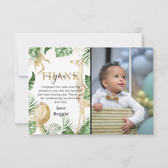 Wild One Jungle Greenery & Gold Birthday Photo Thank You Card (Front)