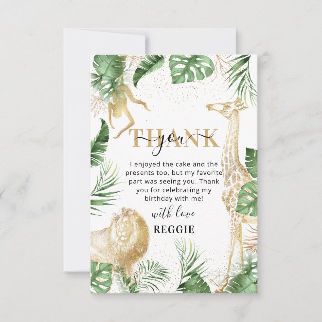 Wild One Jungle Greenery & Gold Birthday Thank You Card (Front)