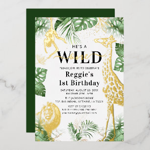 Wild One Jungle Greenery & Gold Foil Invitation