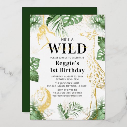 Wild One Jungle Greenery  Gold Foil Invitation