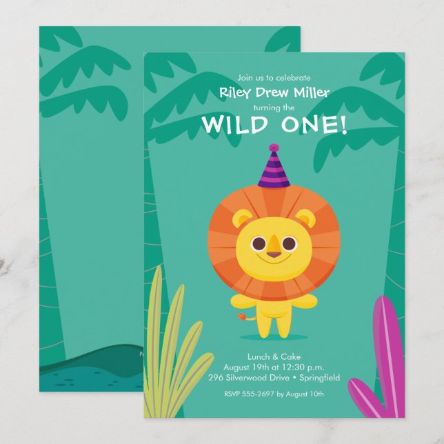 Wild One Jungle Lion Birthday Invitation (Front/Back)