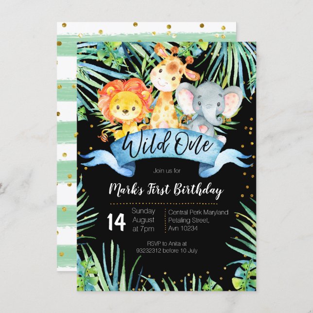 WILD ONE Jungle Party Birthday Invitation card (Front/Back)