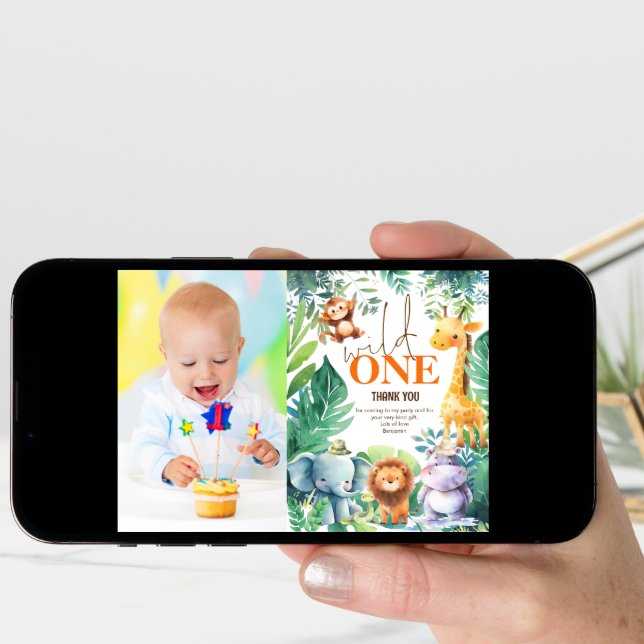 Wild One Jungle Photo 1st Birthday Party Thank You Card (Front Digital)