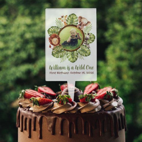 Wild One Jungle Photo Leaves Safari First Birthday Cake Topper
