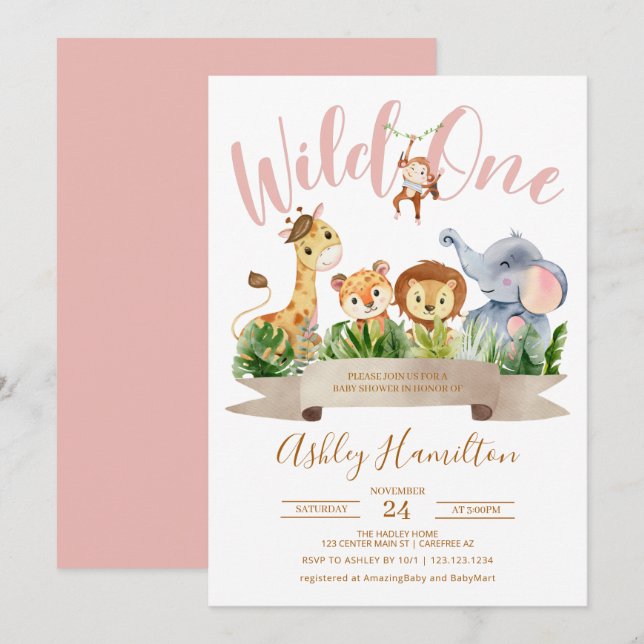 Wild One Jungle Pink Baby Shower Invitation (Front/Back)
