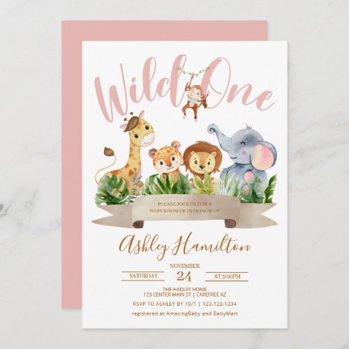 Wild One Jungle Pink Baby Shower Invitation