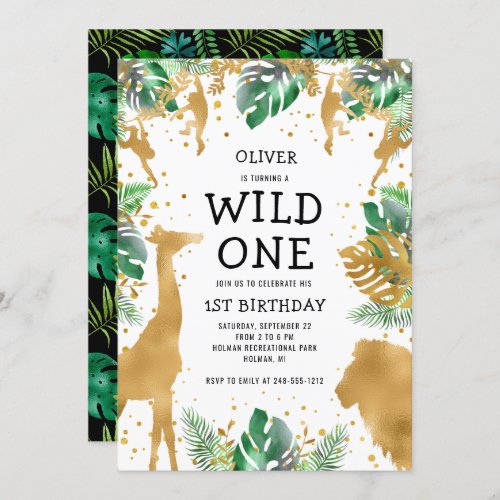 Wild One Jungle Safari 1st Birthday Gold Green Invitation