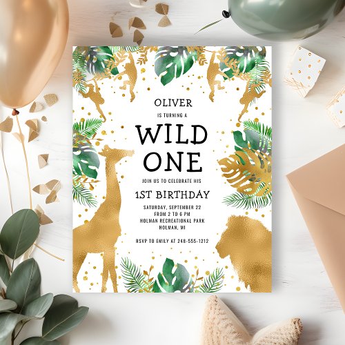 Wild One Jungle Safari 1st Birthday Gold Green Invitation Postcard