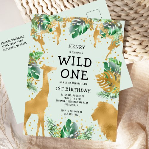 Wild One Jungle Safari 1st Birthday Green Invitation Postcard